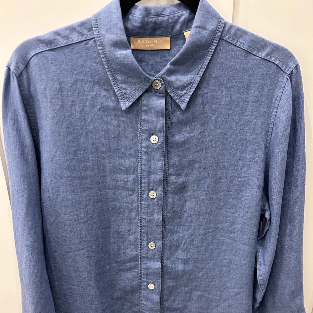 Kate Hill chambray 100% linen Blue Button Down Shirt Top NWT
